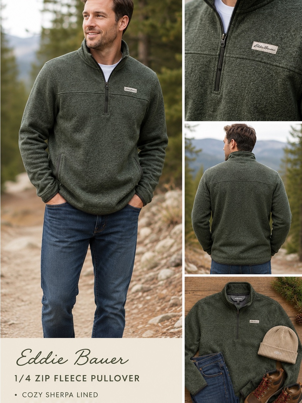 Eddie Bauer Green Sherpa Lined 1/4 Zip Fleece Pullover Size XL